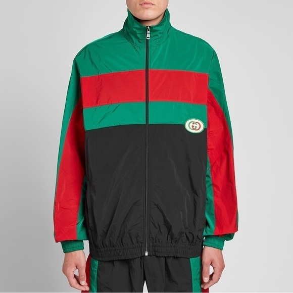 Gucci Oversized Nylon Track Jacket Water Repellent Black Green Red Mens Sz M - Picture 1 of 16
